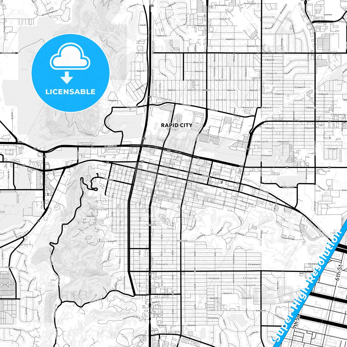 Rapid City, South Dakota Light Map with Street Names, City Names, and Districts