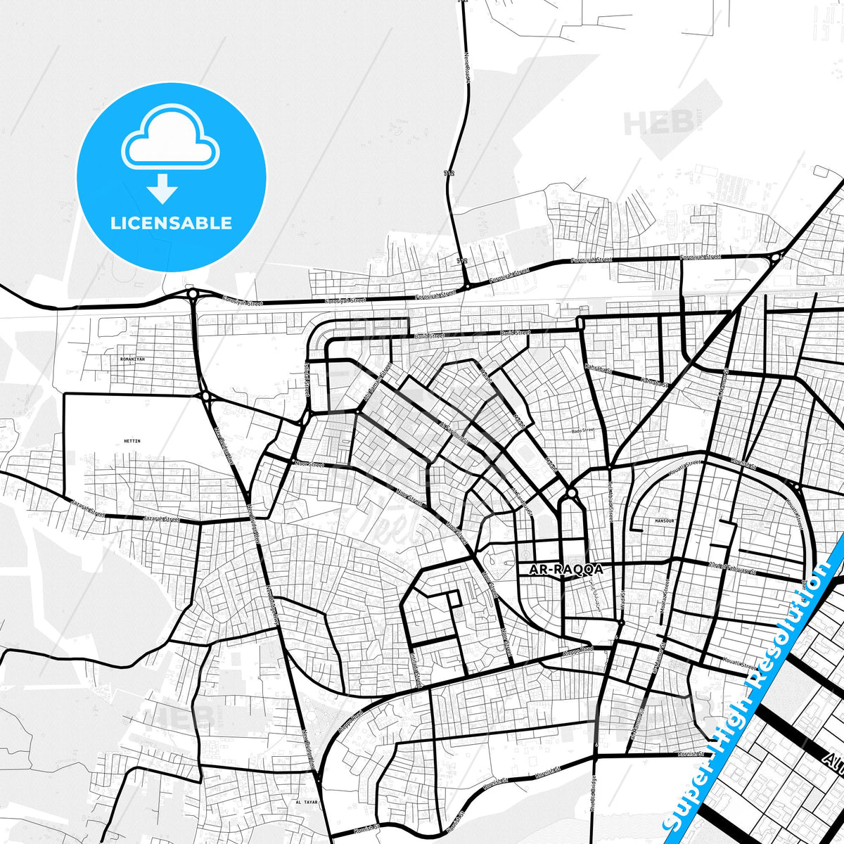 Raqqa, Syria Light Map with Street Names, City Names, and Districts