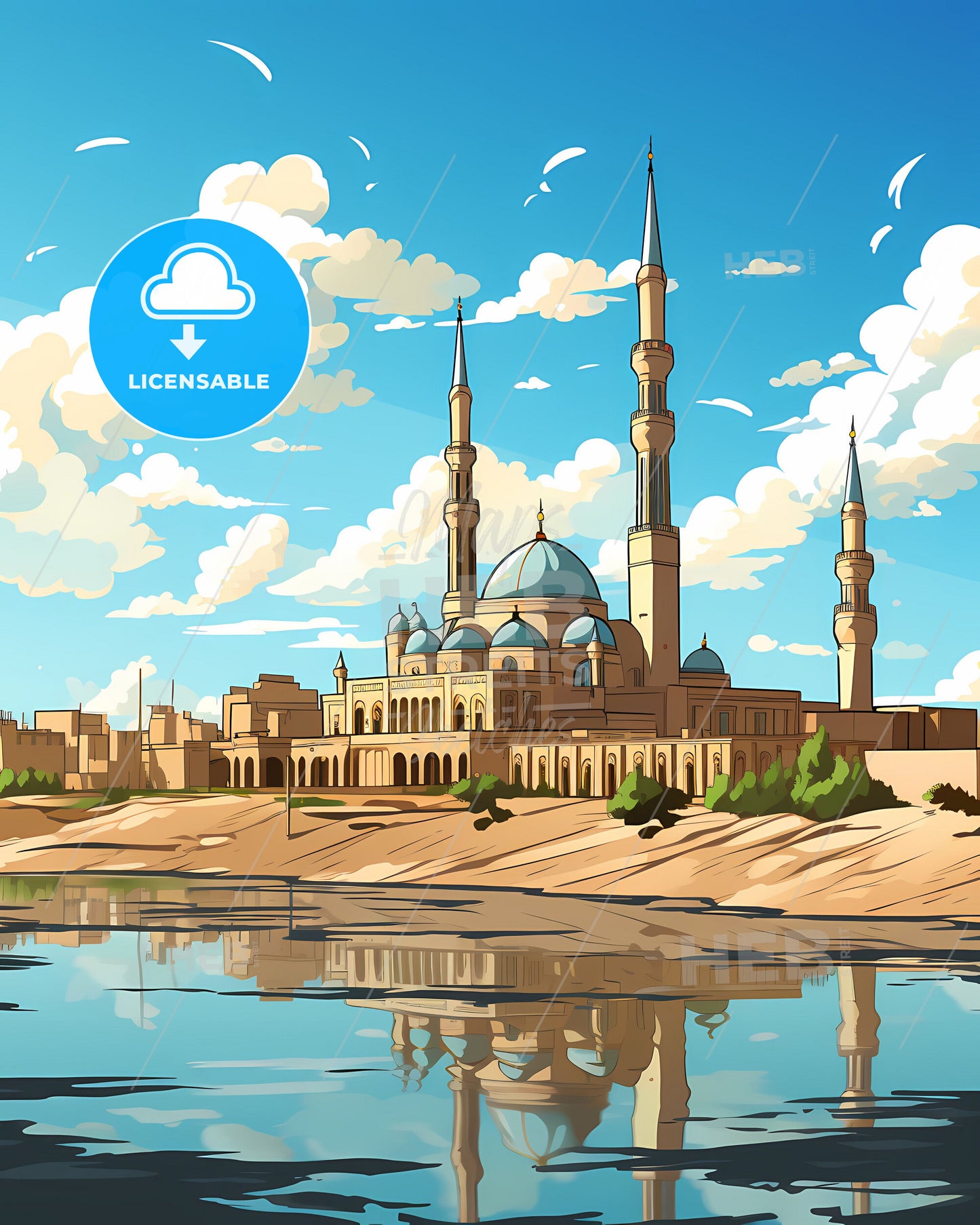 Raqqa Syria Cityscape Vibrant Painting, Architectural Skyline, Urban Landscape, Digital Art, Building, Water