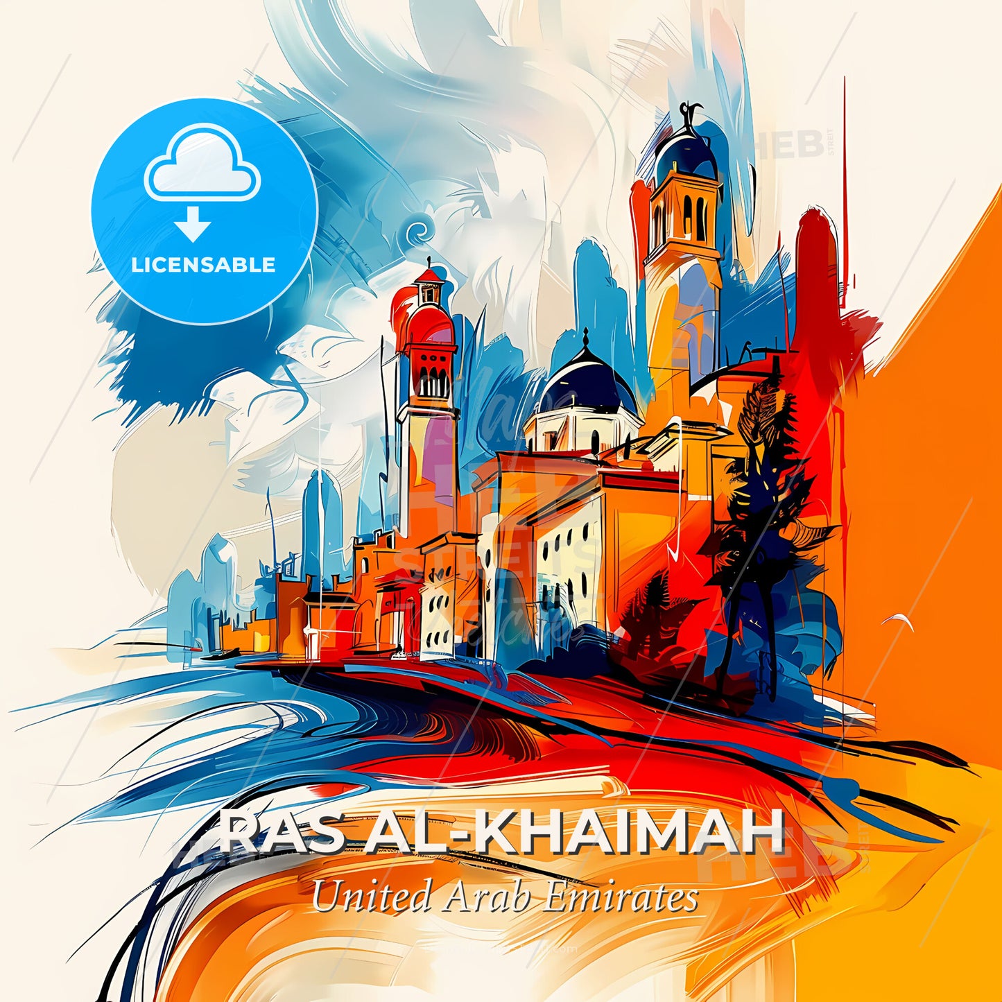Vibrant Ras Al-Khaimah , United Arab Emirates - A Painting Of A City - Square format print template