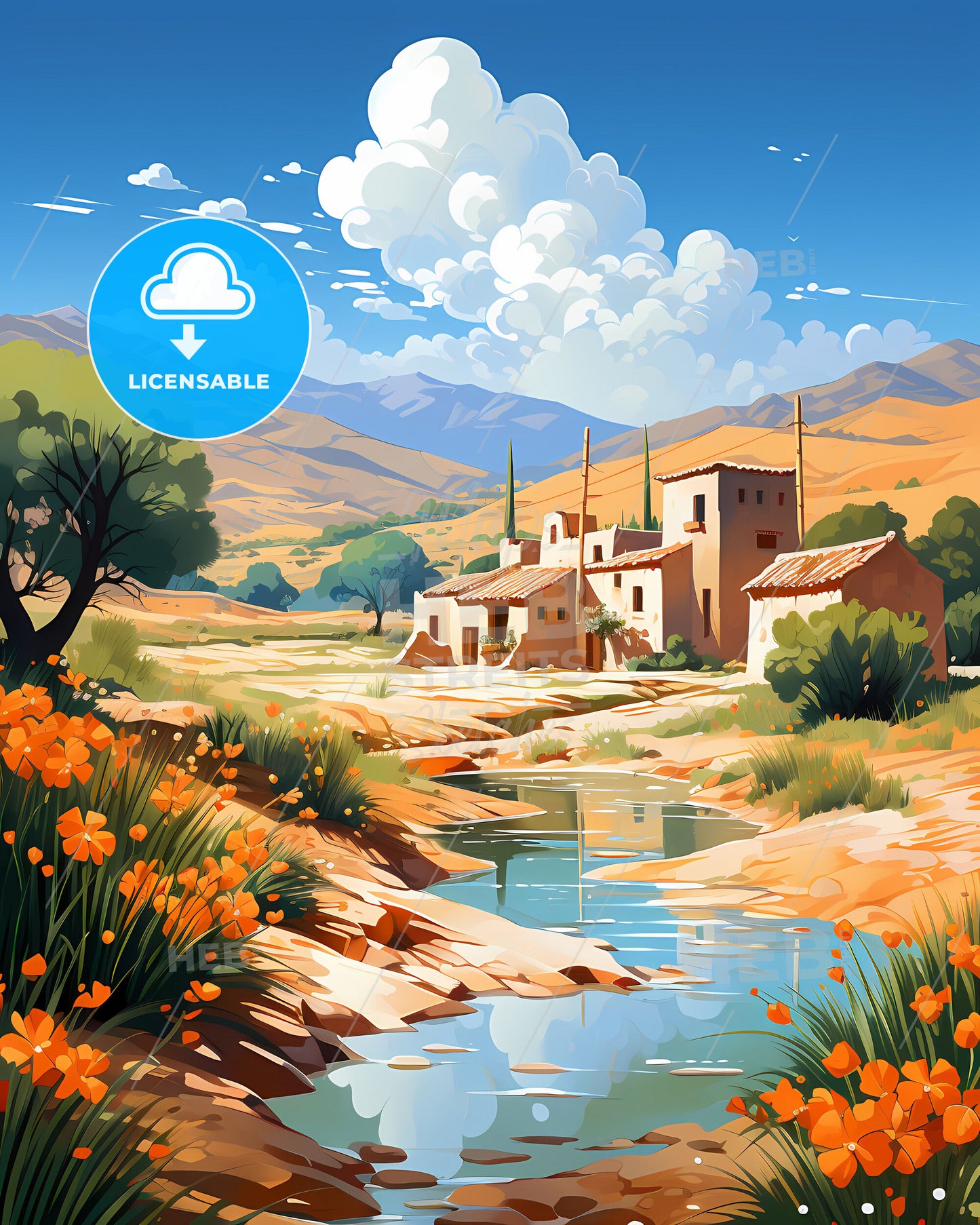 Serene Landscape Painting of Ras al-Khaimah Skyline with River, Mountains, and House