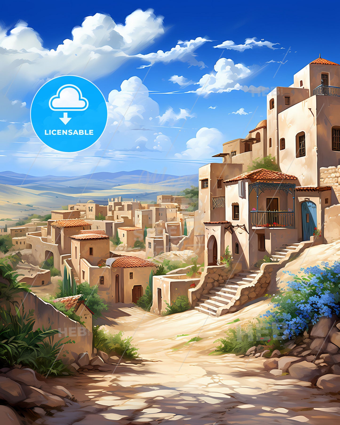 Colorful Artistic Painting of Ras Al Khaimah Village Skyline, United Arab Emirates