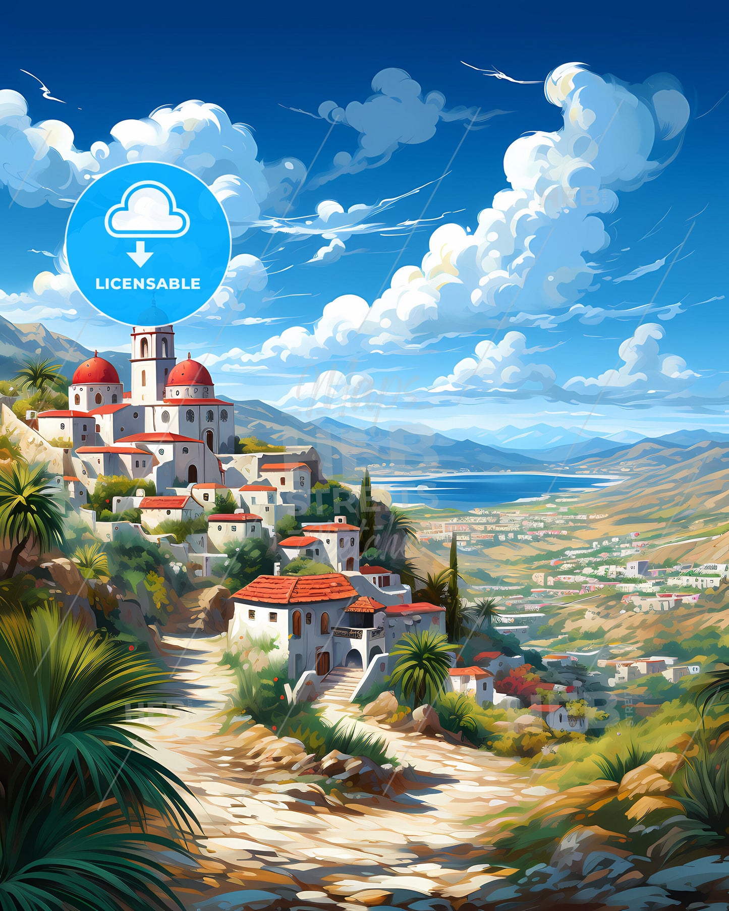 Colorful Artwork of Hilltop Town Skyline in Ras al-Khaimah United Arab Emirates