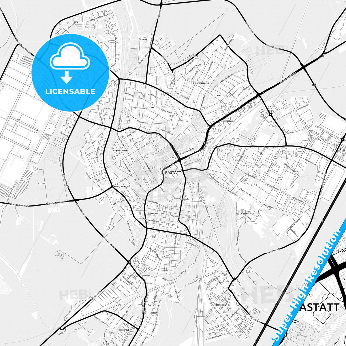 Rastatt, Germany Light Map with Street Names, City Names, and Districts
