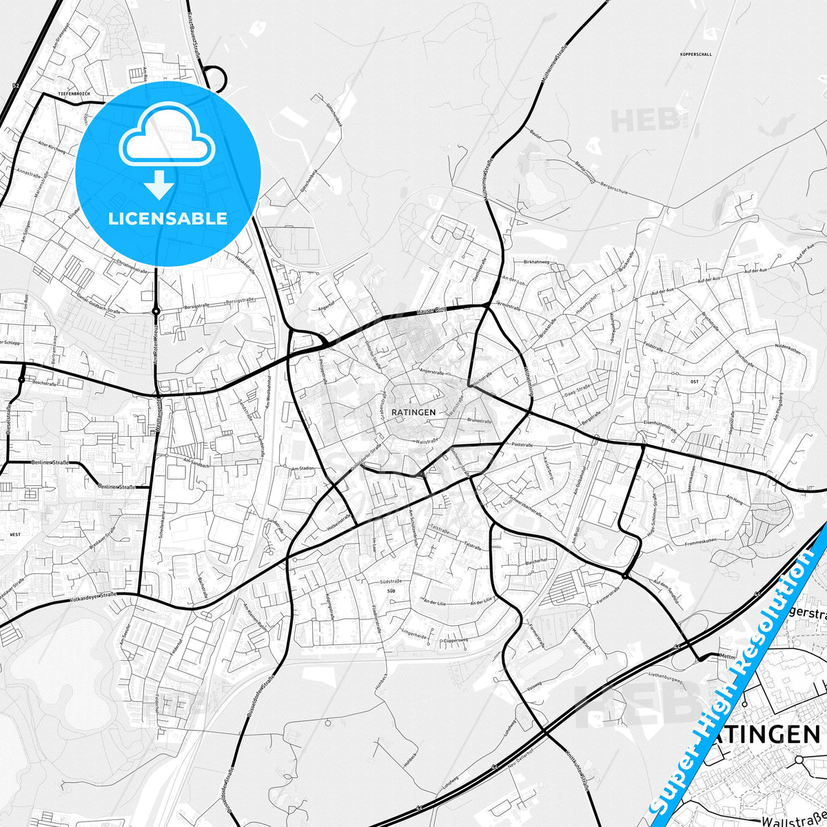 Ratingen, Germany Light Map with Street Names, City Names, and Districts