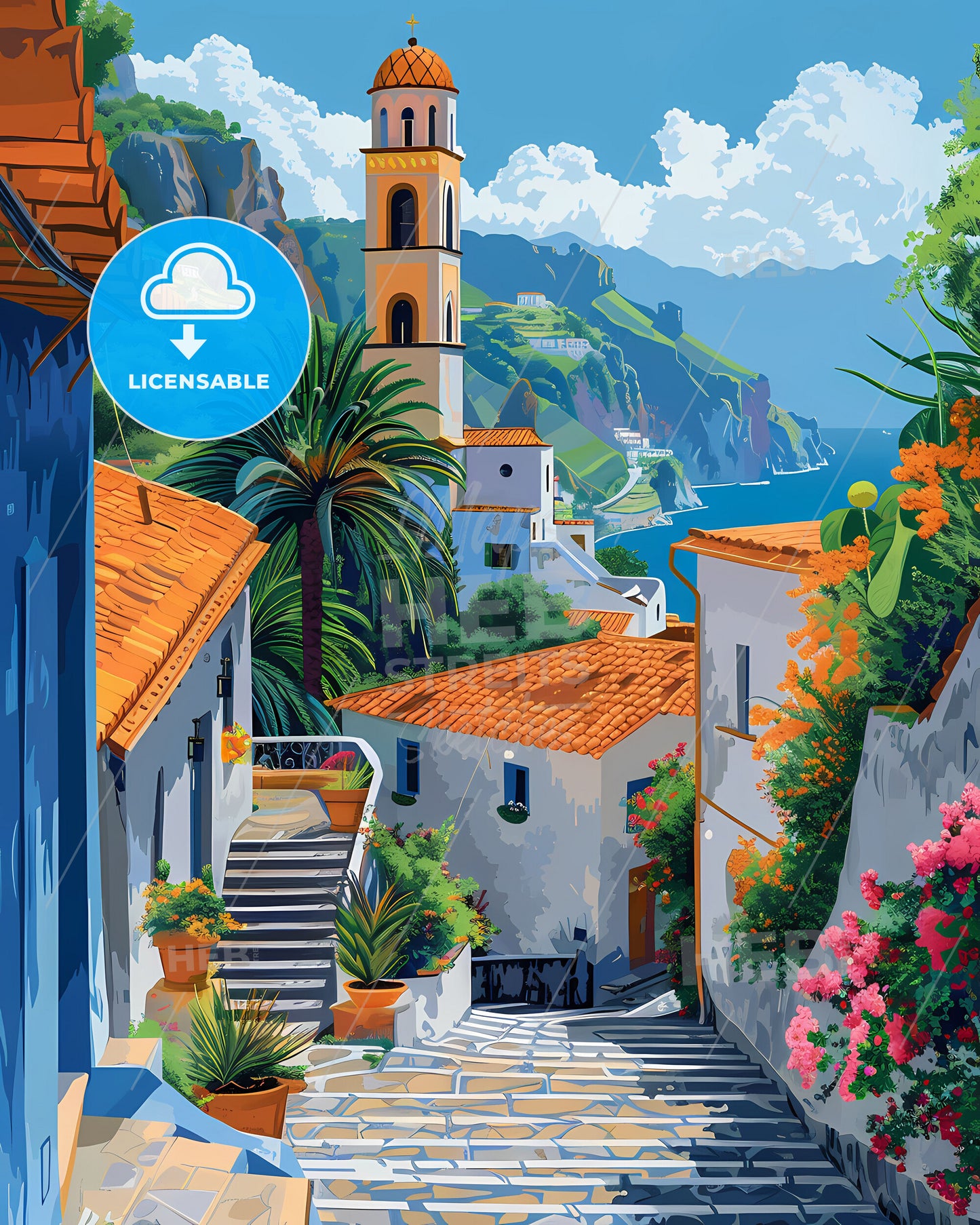 Ravello Italy Vibrant Painting Buildings Trees Steeple Art Artwork Street Scene