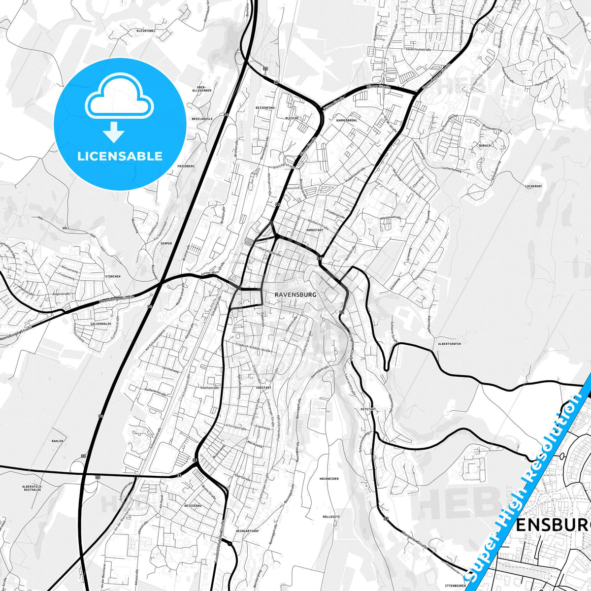 Ravensburg, Germany Light Map with Street Names, City Names, and Districts