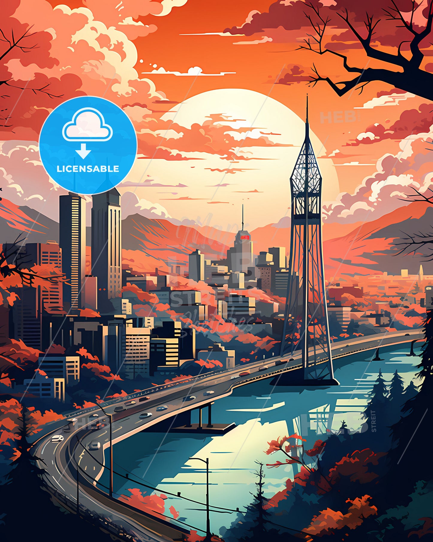 Rawalpindi Cityscape Painting: Vibrant Skyline with Bridge and River