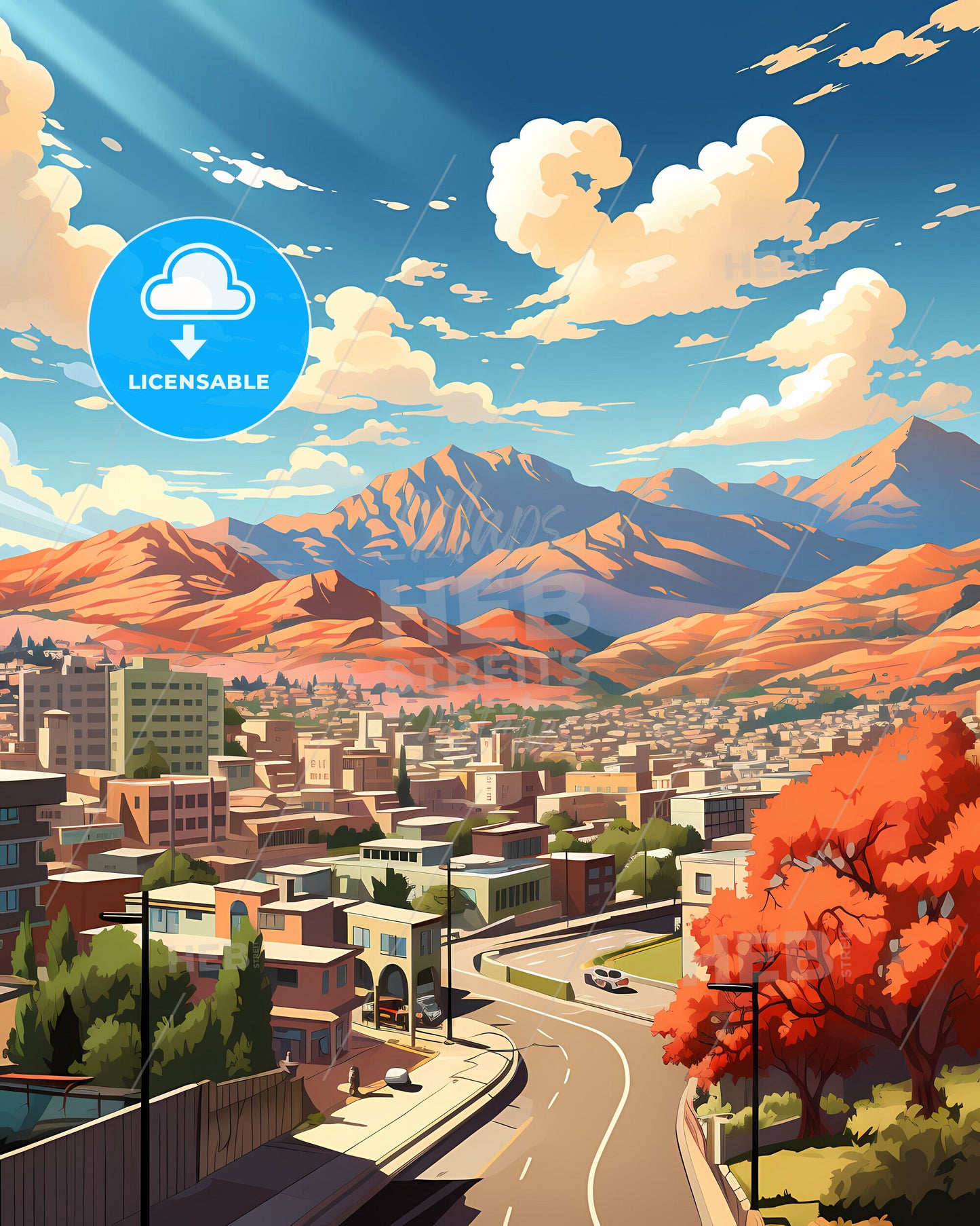 Rawalpindi City, Pakistan Skyline Art Painting Illustration Mountain Trees