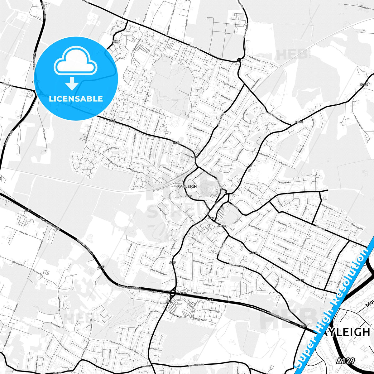 Rayleigh, England Light Map with Street Names, City Names, and Districts