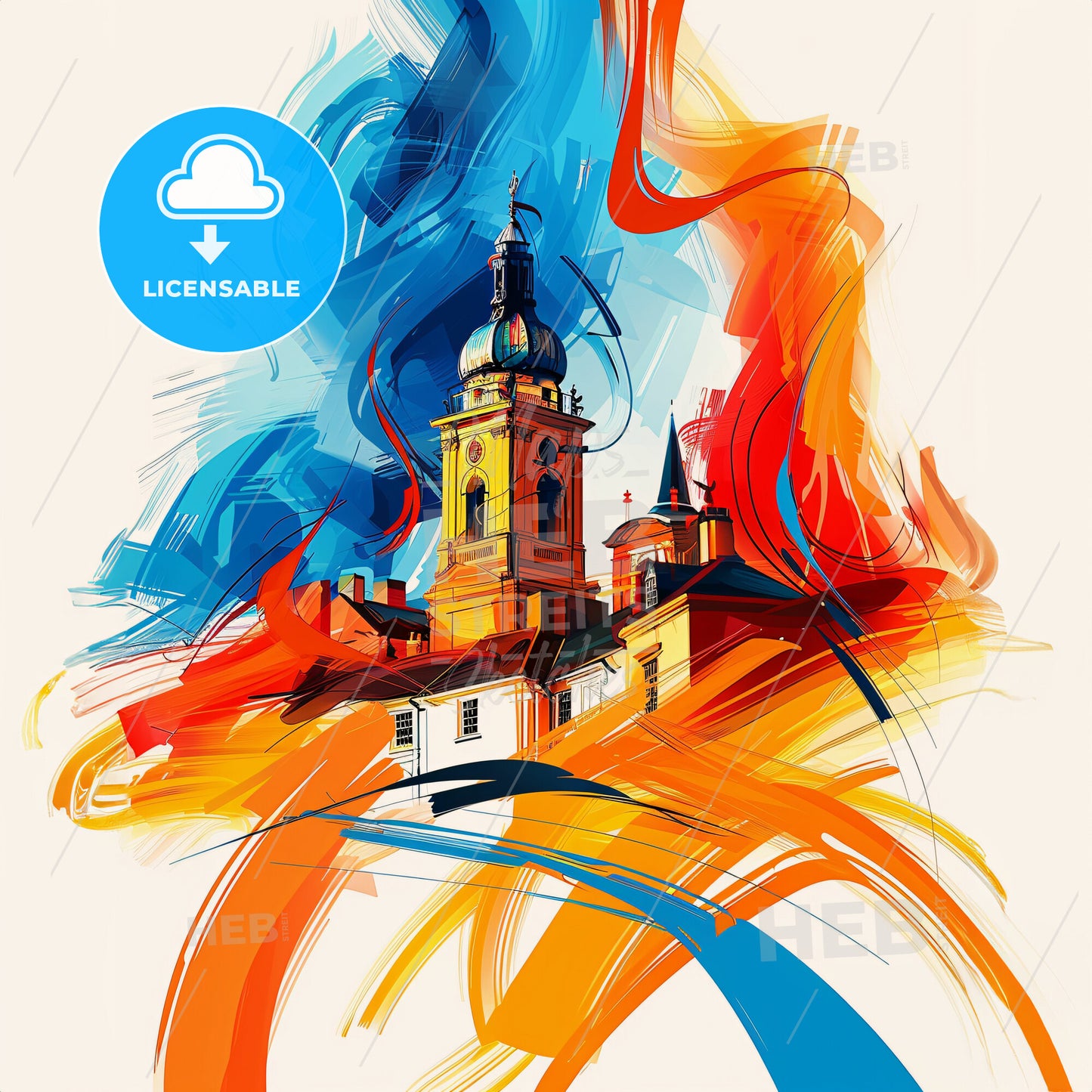 Vibrant Rayleigh, England - A Painting Of A Building With A Tower And Colorful Paint