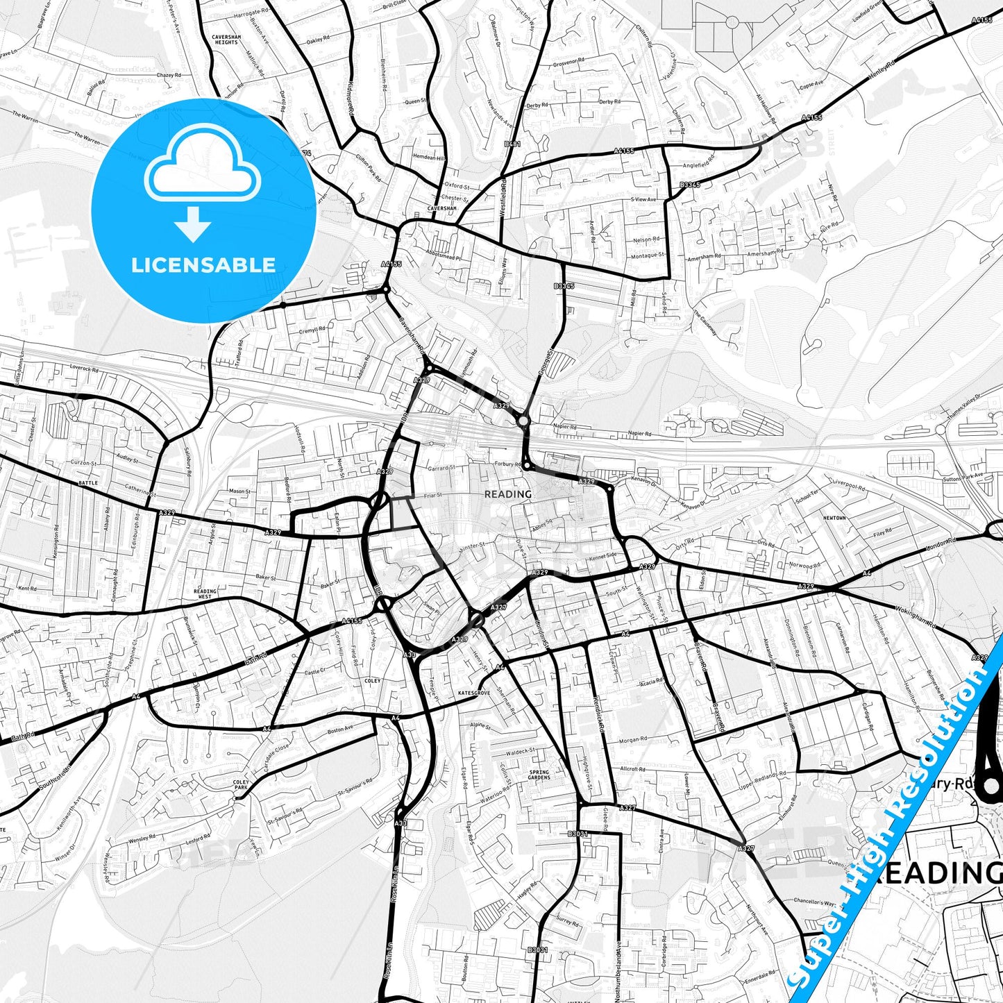 Reading, England Light Map with Street Names, City Names, and Districts