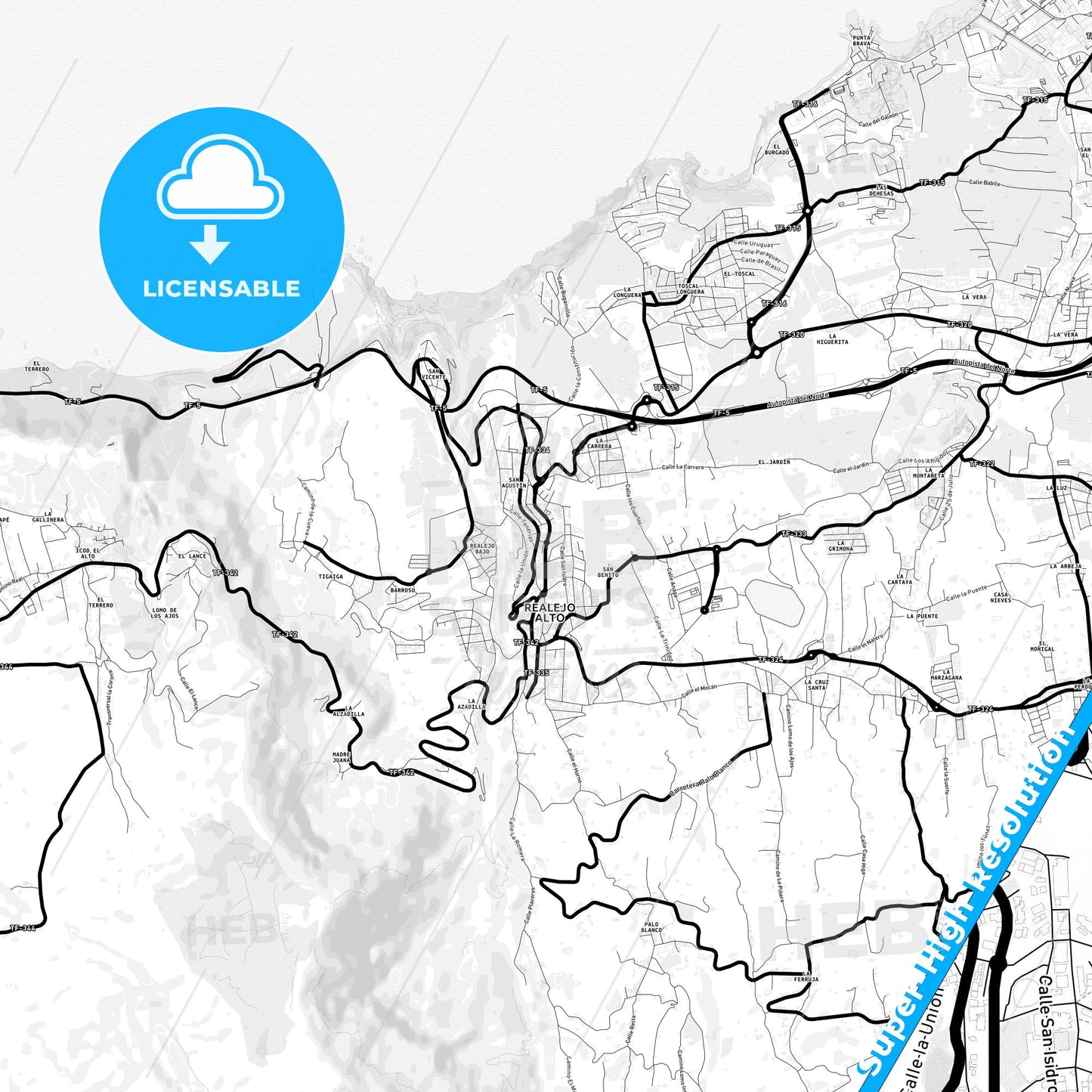 Realejo Alto, Spain Light Map with Street Names, City Names, and Districts