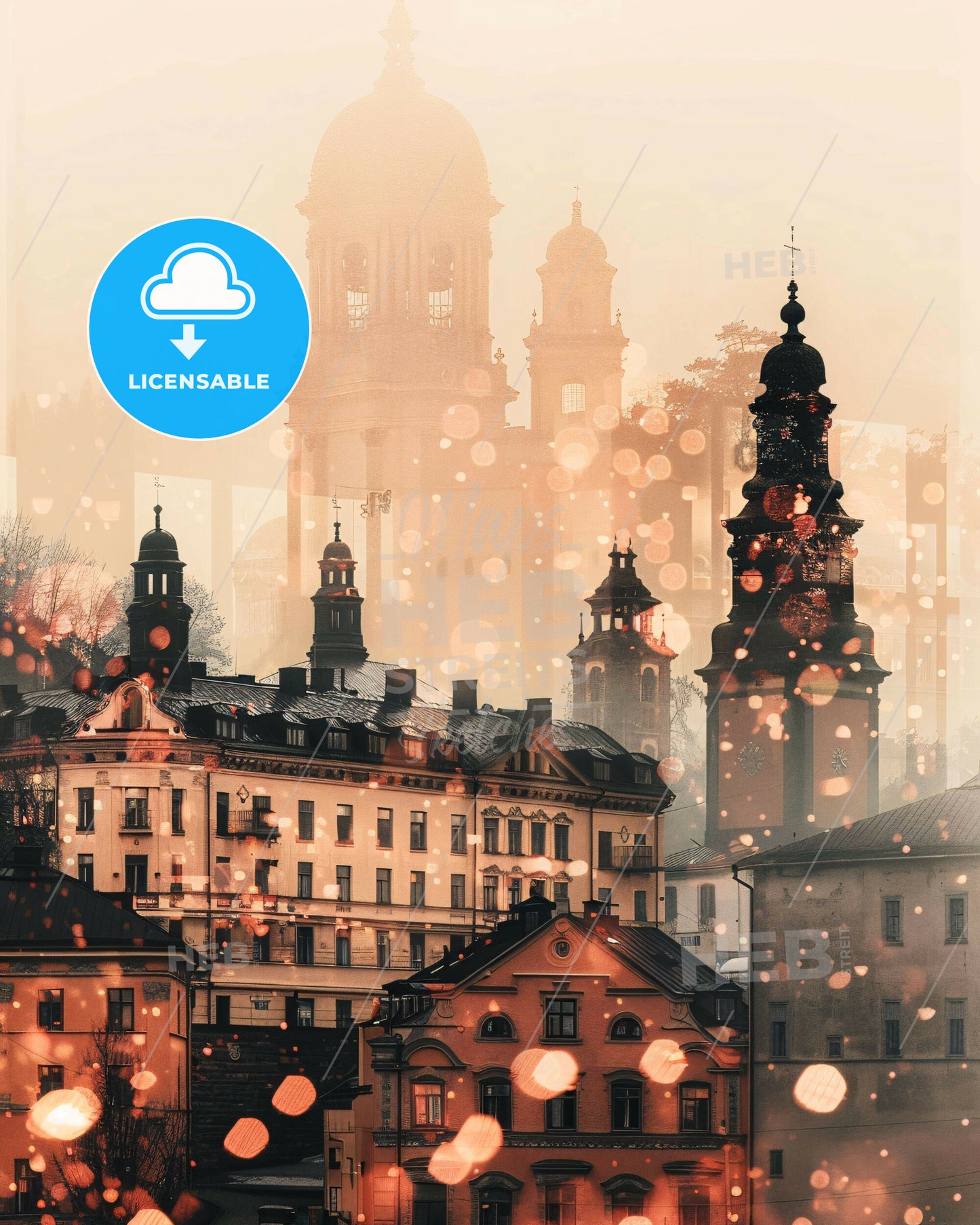 Örebro, Sweden City Icons Double Exposure Art - A group of buildings with towers and a large tower