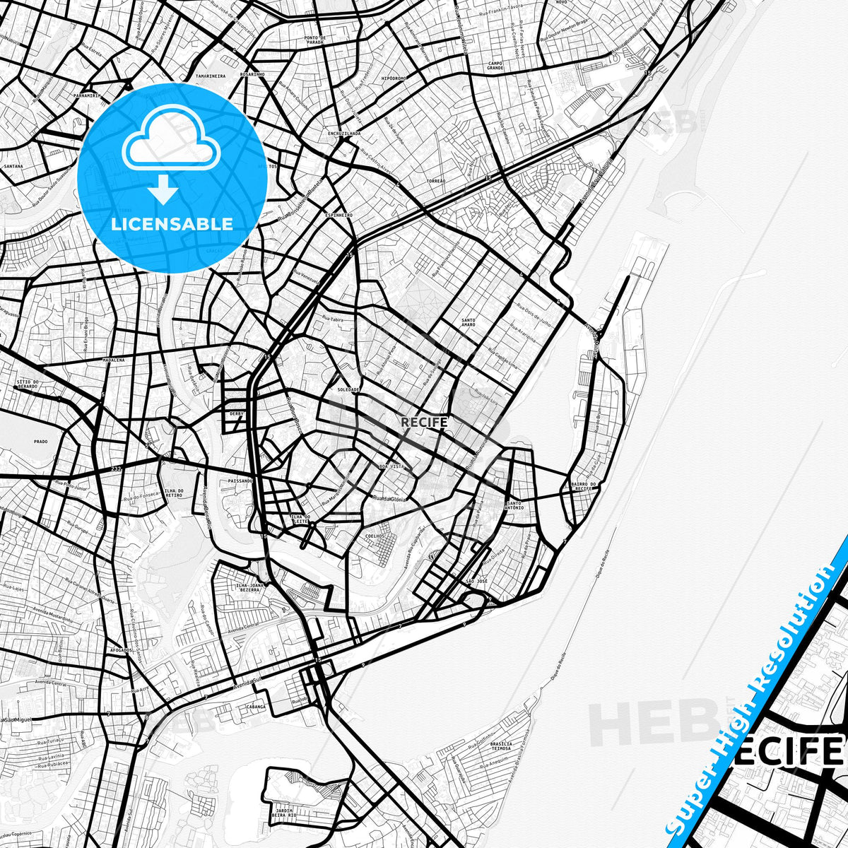 Recife, Brazil Light Map with Street Names, City Names, and Districts