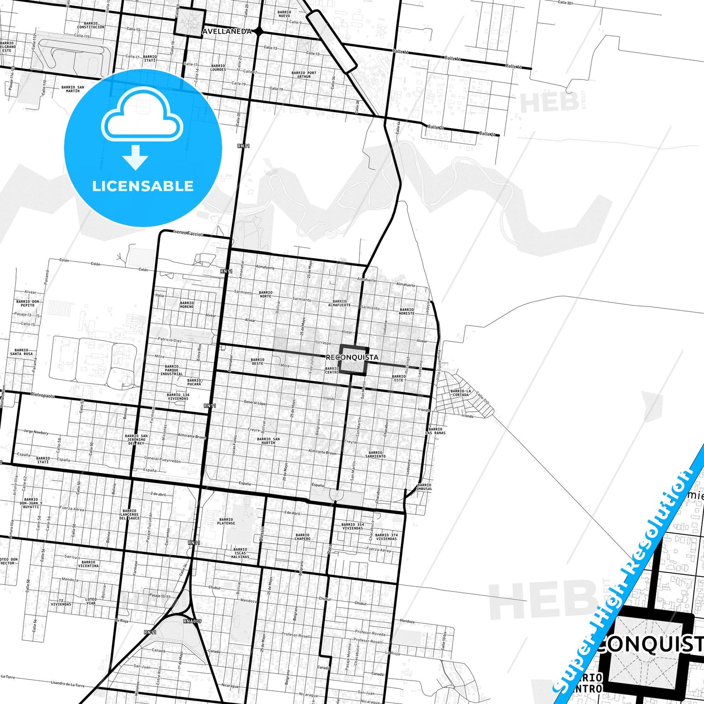 Reconquista, Argentina Light Map with Street Names, City Names, and Districts