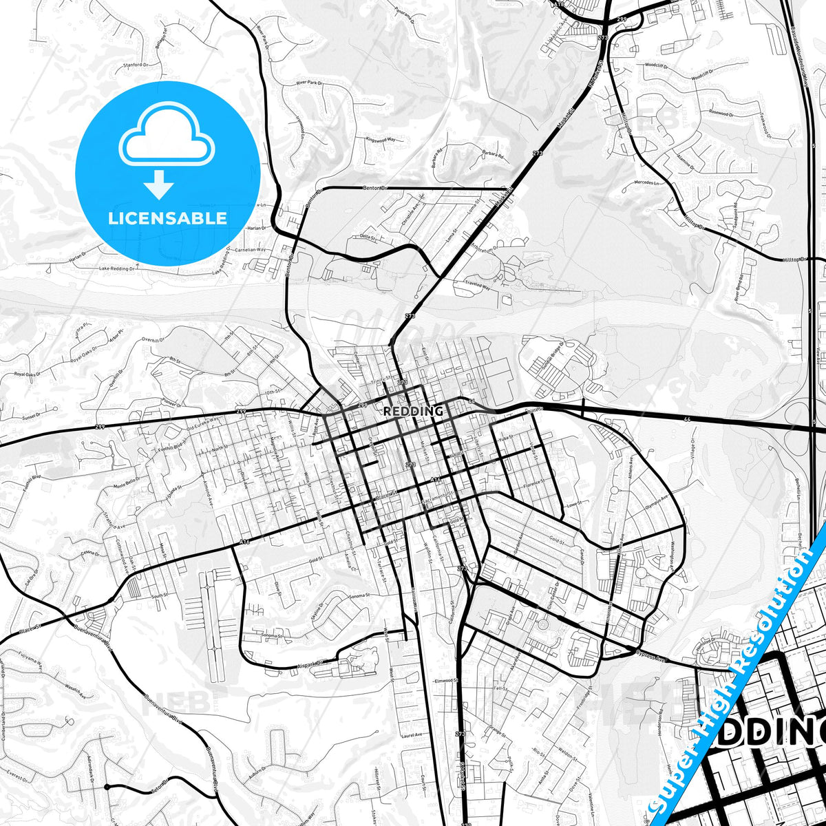 Redding, California Light Map with Street Names, City Names, and Districts