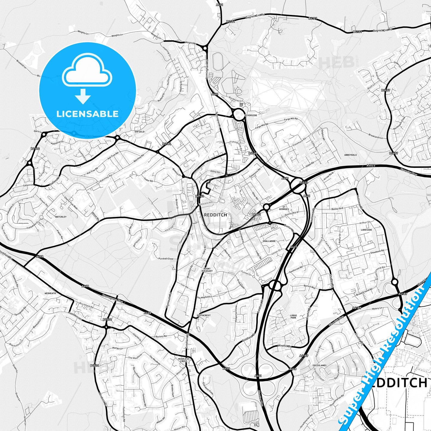 Redditch, England Light Map with Street Names, City Names, and Districts