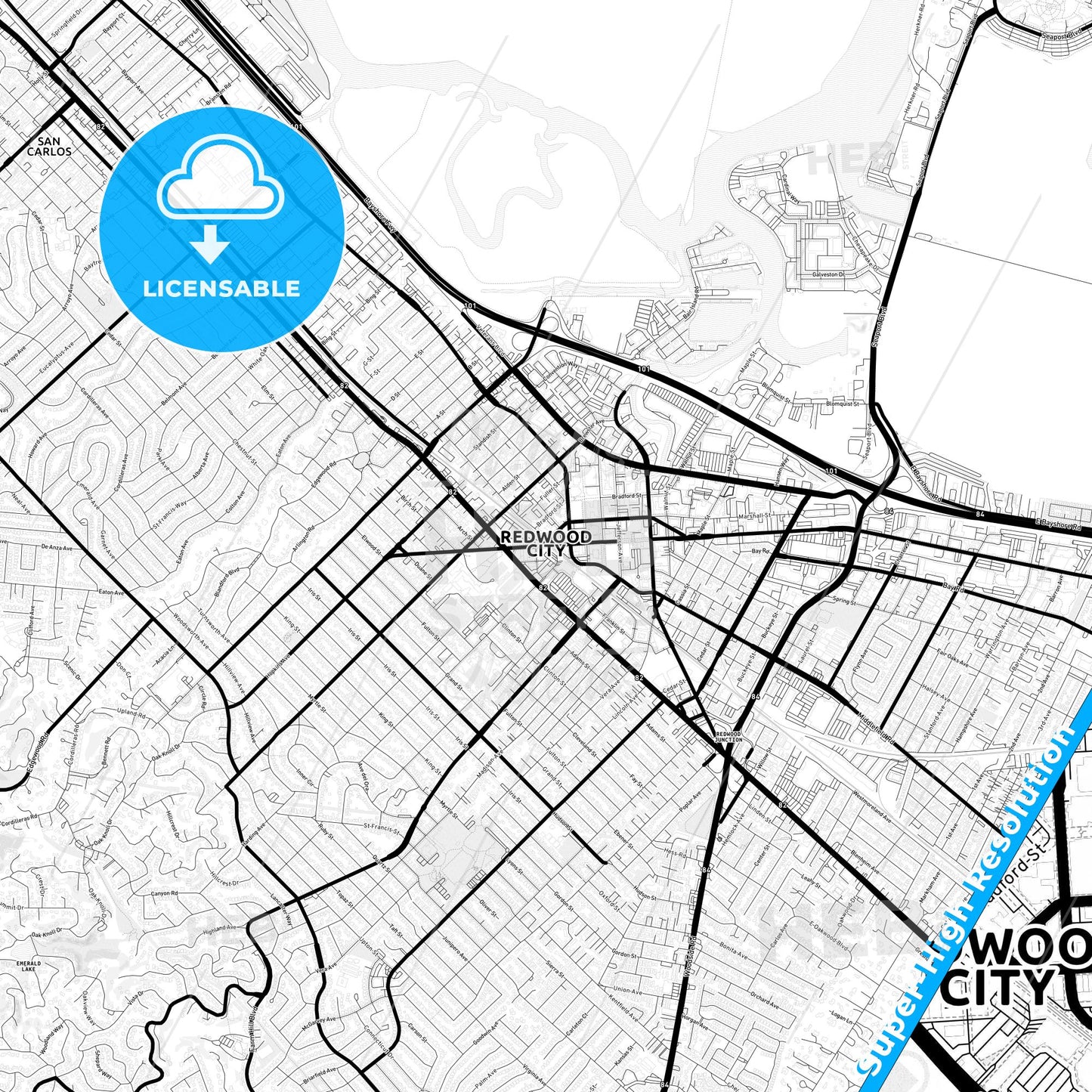 Redwood City, California Light Map with Street Names, City Names, and Districts