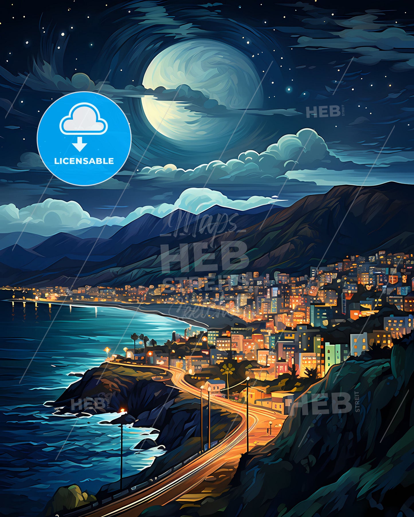 Stunning Cityscape Painting of Reef Al Fujairah, UAE Skyline on Ocean Cliffs