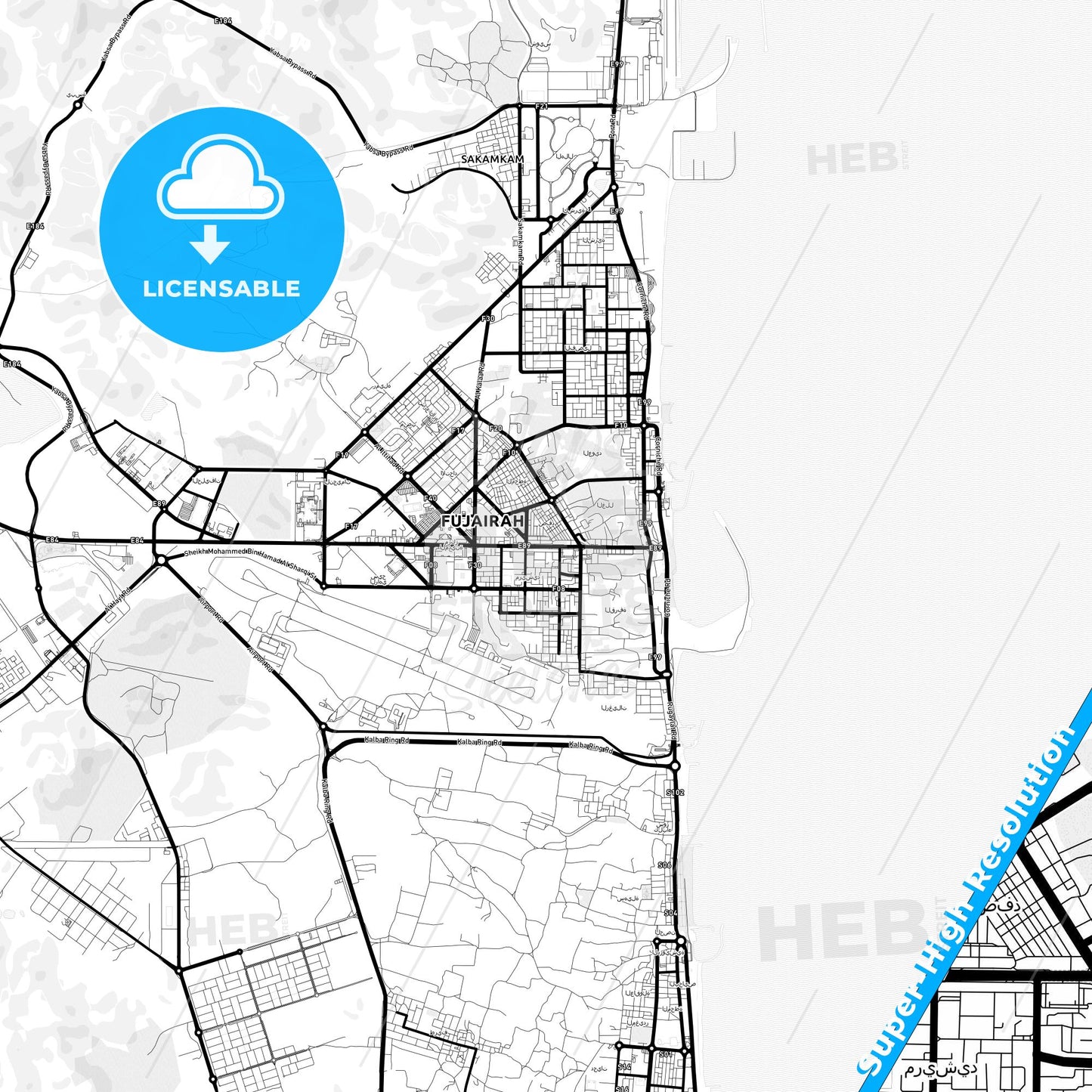 Reef Al Fujairah City, United Arab Emirates Light Map with Street Names, City Names, and Districts