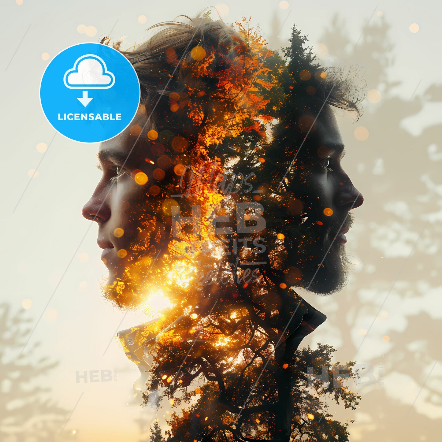 Reflections on Reality: A Mirror’s Tale - A mans face with a tree and fire