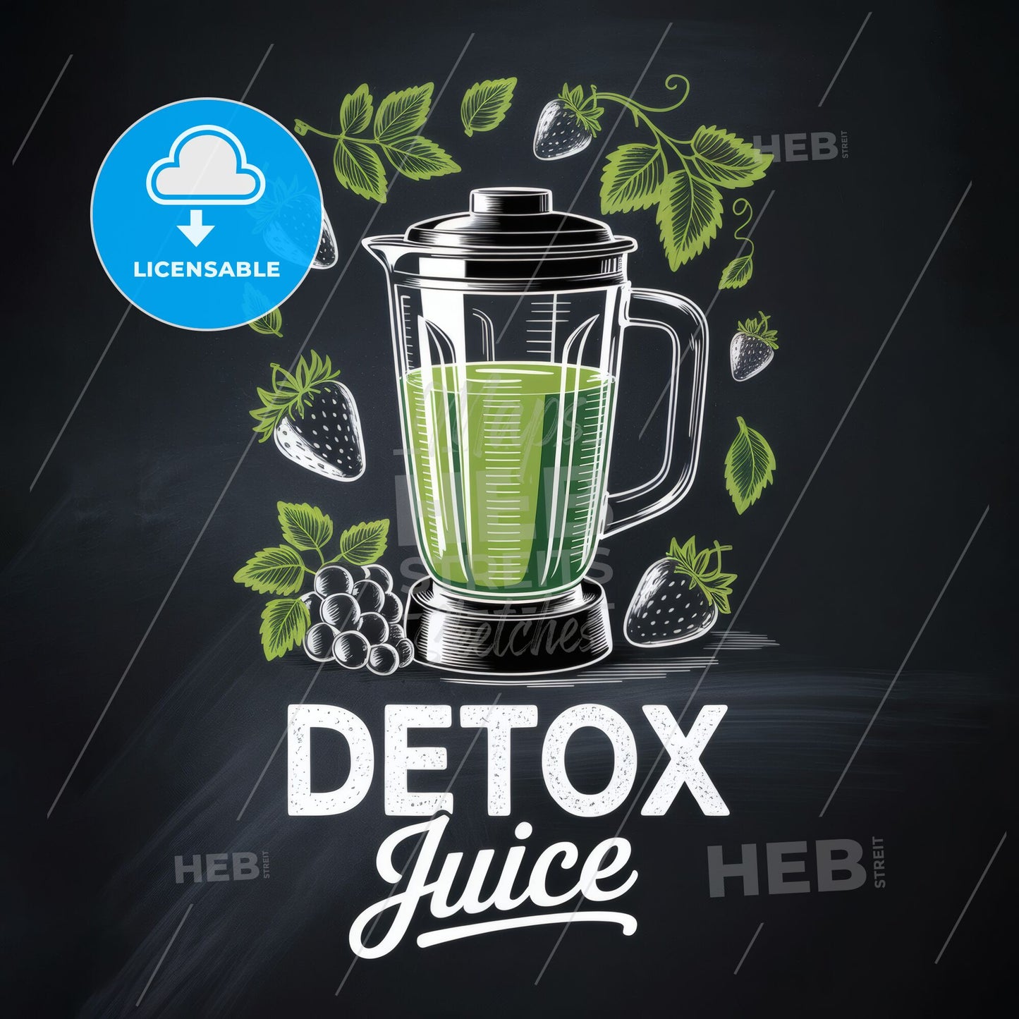 Refreshing Detox Juice Made with Fresh Ingredients in a Stylish Blender on Chalkboard Background.
