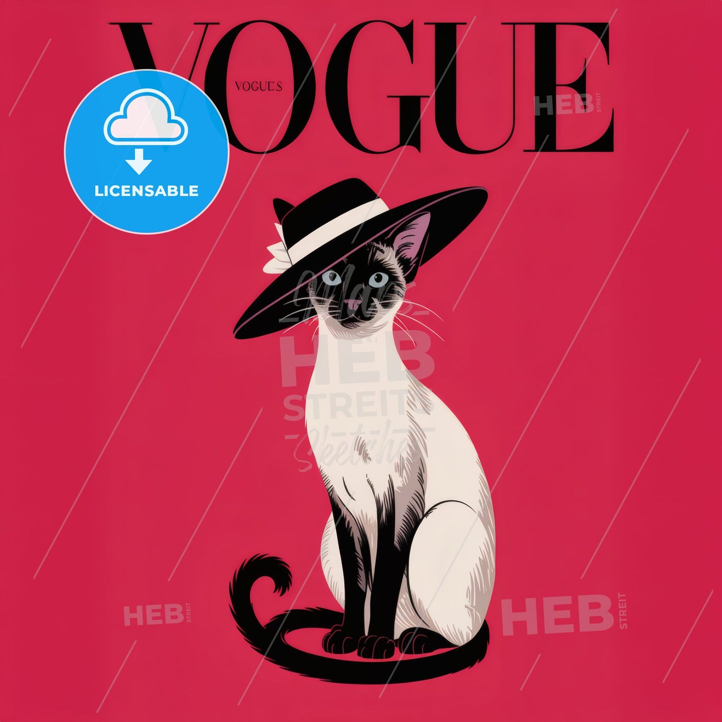 Regal Siamese Cat Vogue Cover Art: Elegant Minimalist Vintage Print