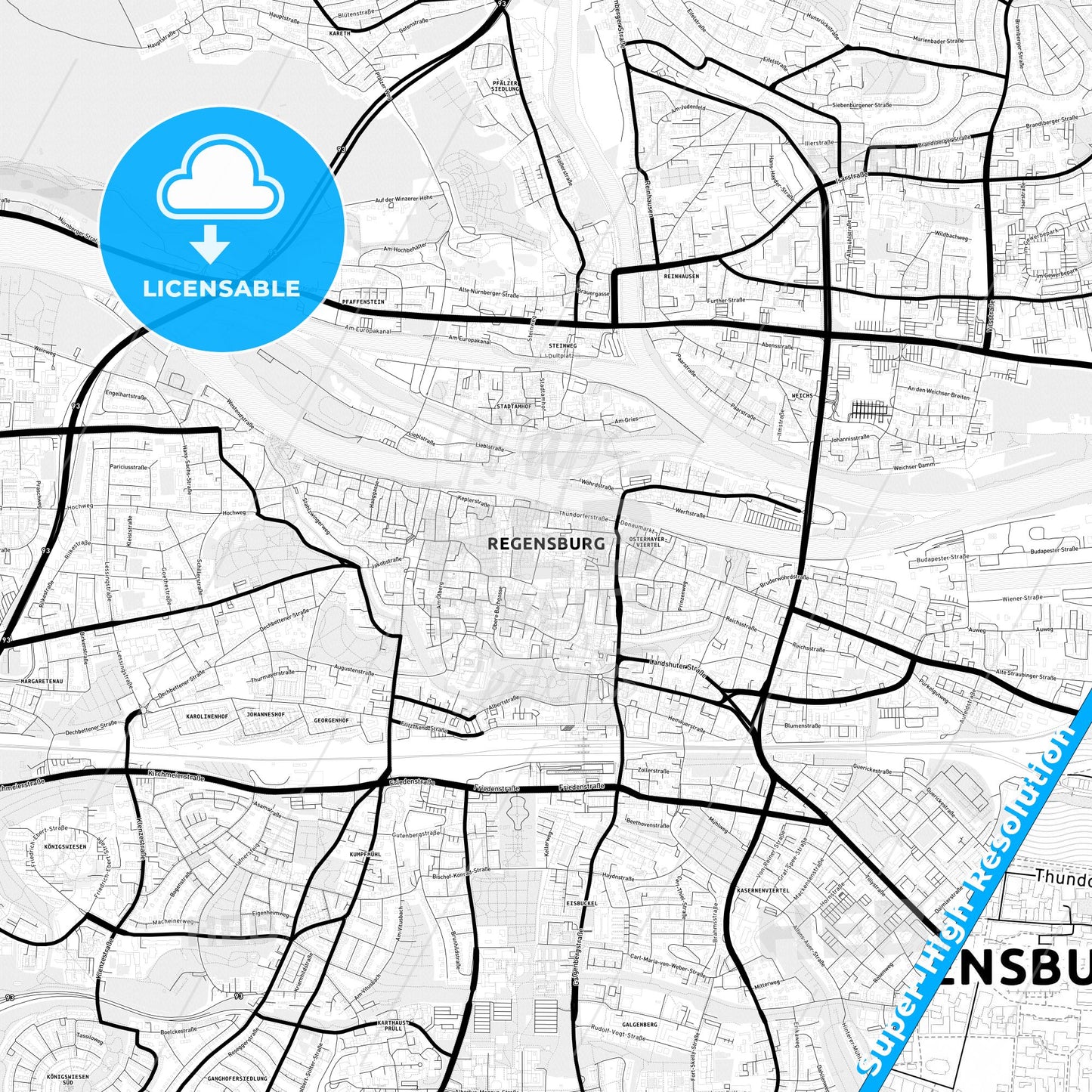 Regensburg, Germany Light Map with Street Names, City Names, and Districts