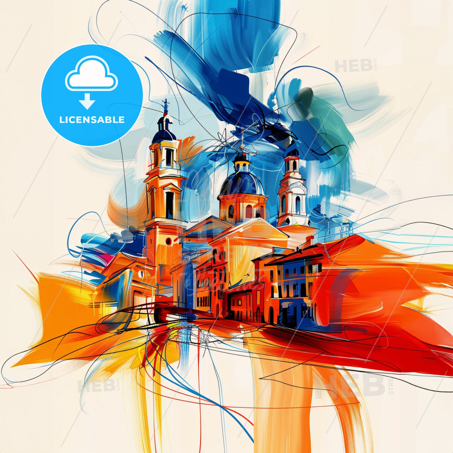 Vibrant Reggio Emilia, Italy - A Painting Of A Building With Blue And Orange Paint