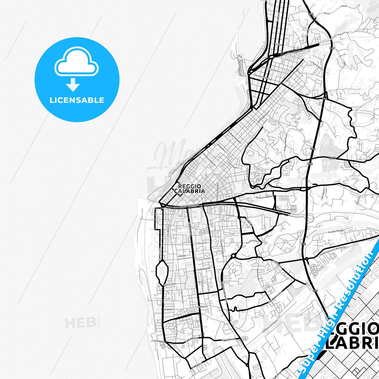Reggio Calabria, Italy Light Map with Street Names, City Names, and Districts