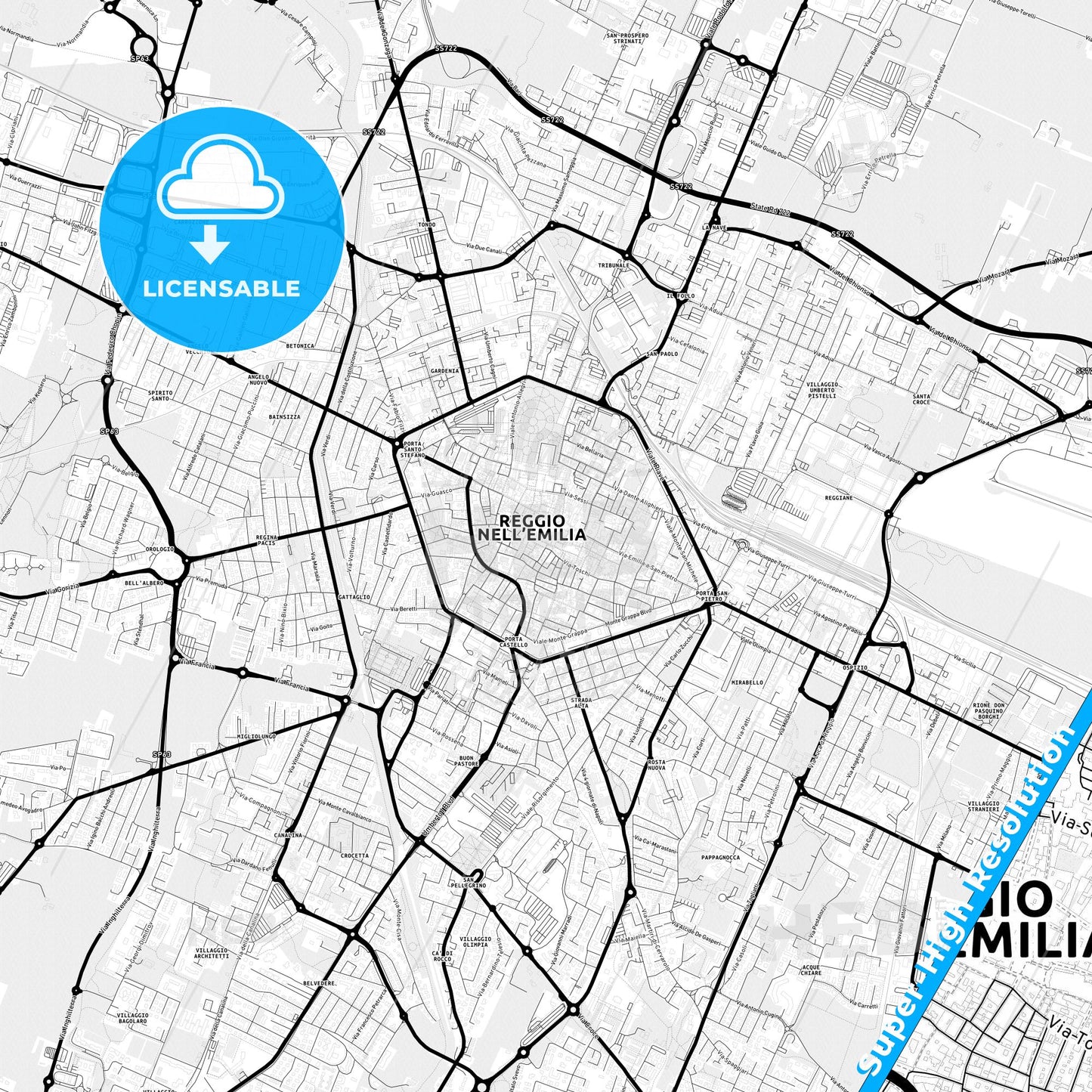 Reggio Emilia, Italy Light Map with Street Names, City Names, and Districts