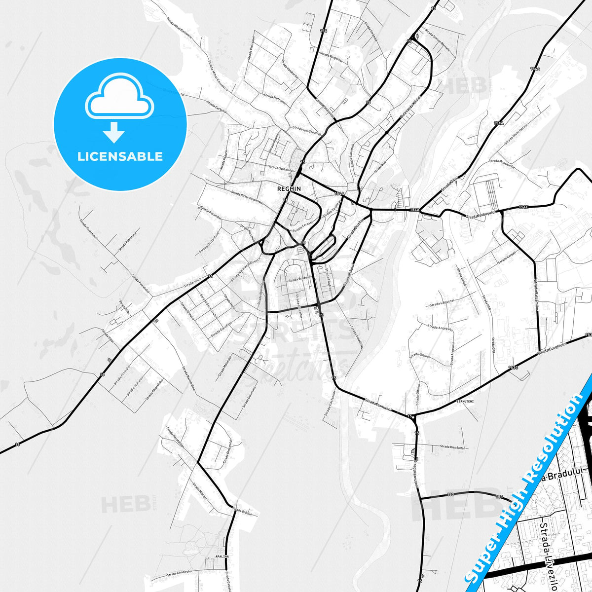 Reghin, Romania Light Map with Street Names, City Names, and Districts