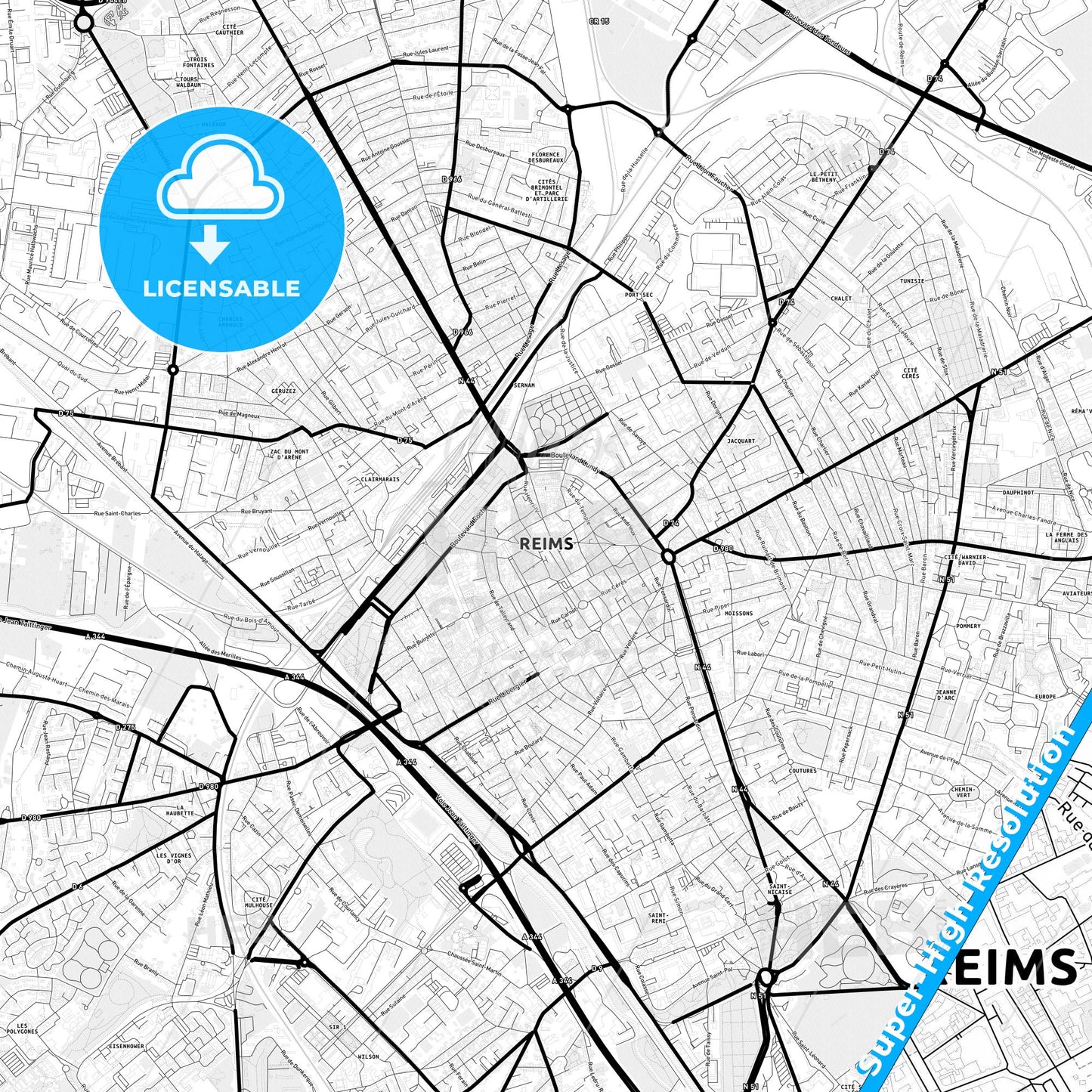 Reims, France Light Map with Street Names, City Names, and Districts