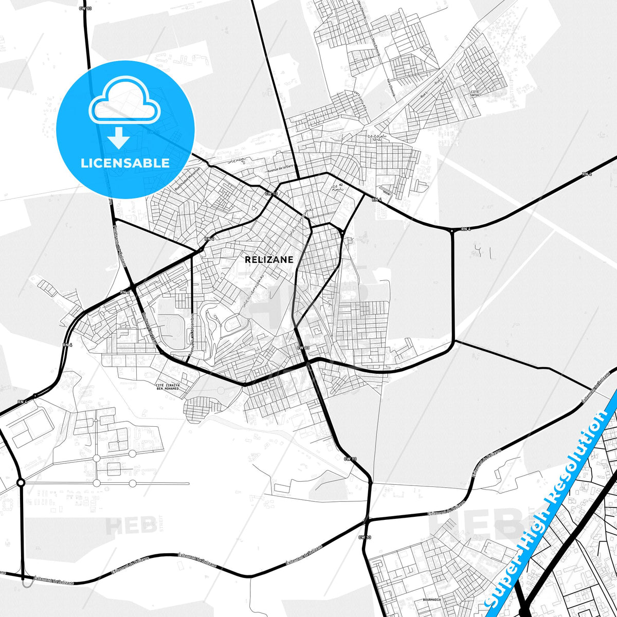 Relizane, Algeria Light Map with Street Names, City Names, and Districts