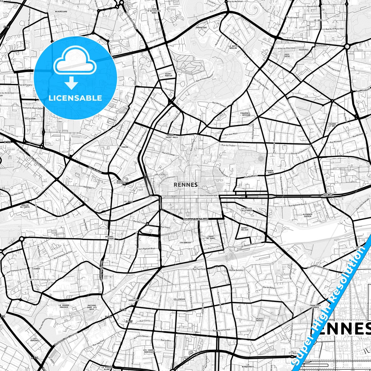 Rennes, France Light Map with Street Names, City Names, and Districts