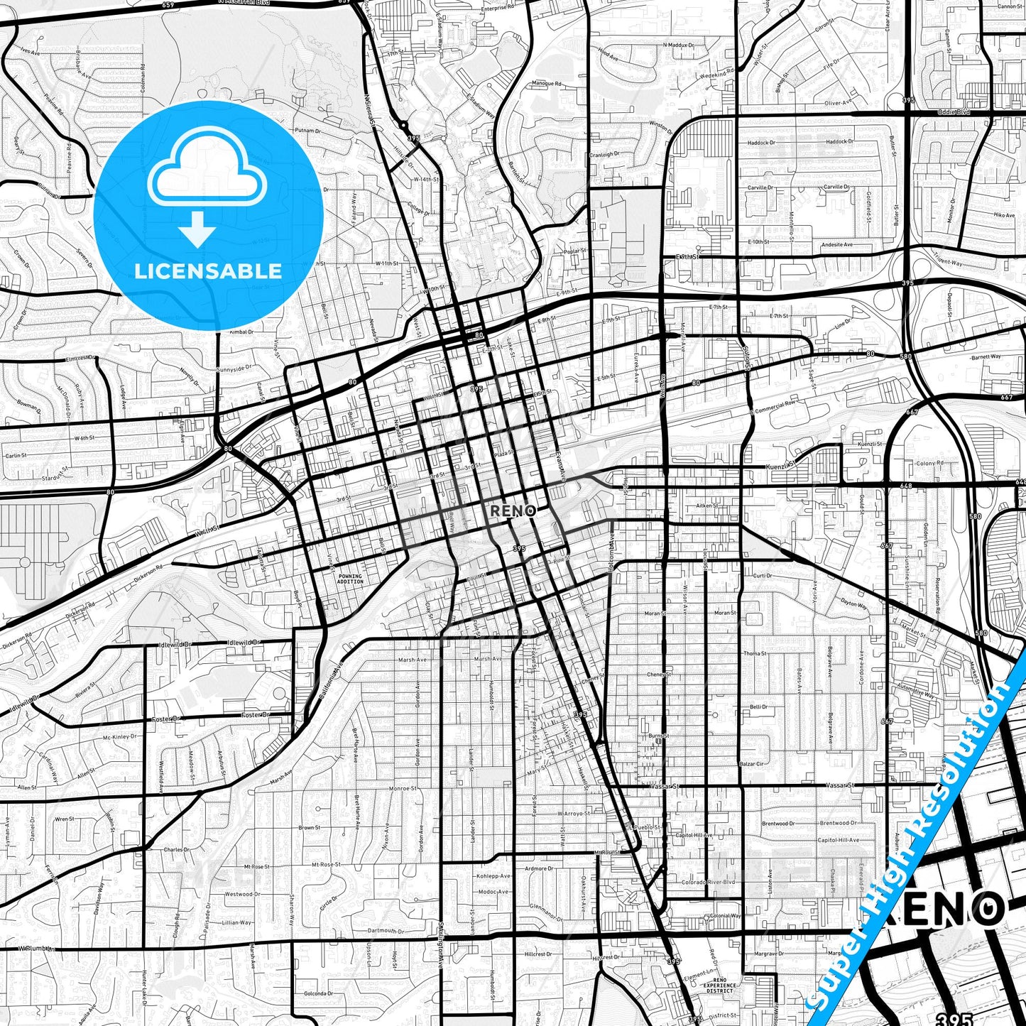 Reno, Nevada Light Map with Street Names, City Names, and Districts