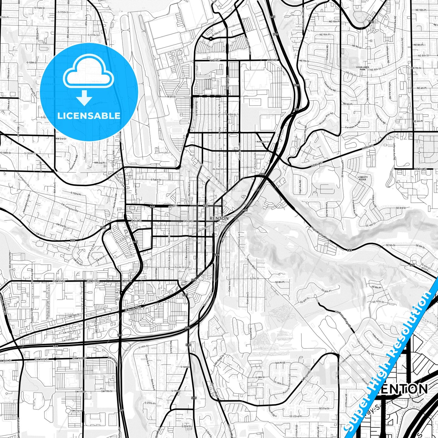 Renton, Washington Light Map with Street Names, City Names, and Districts
