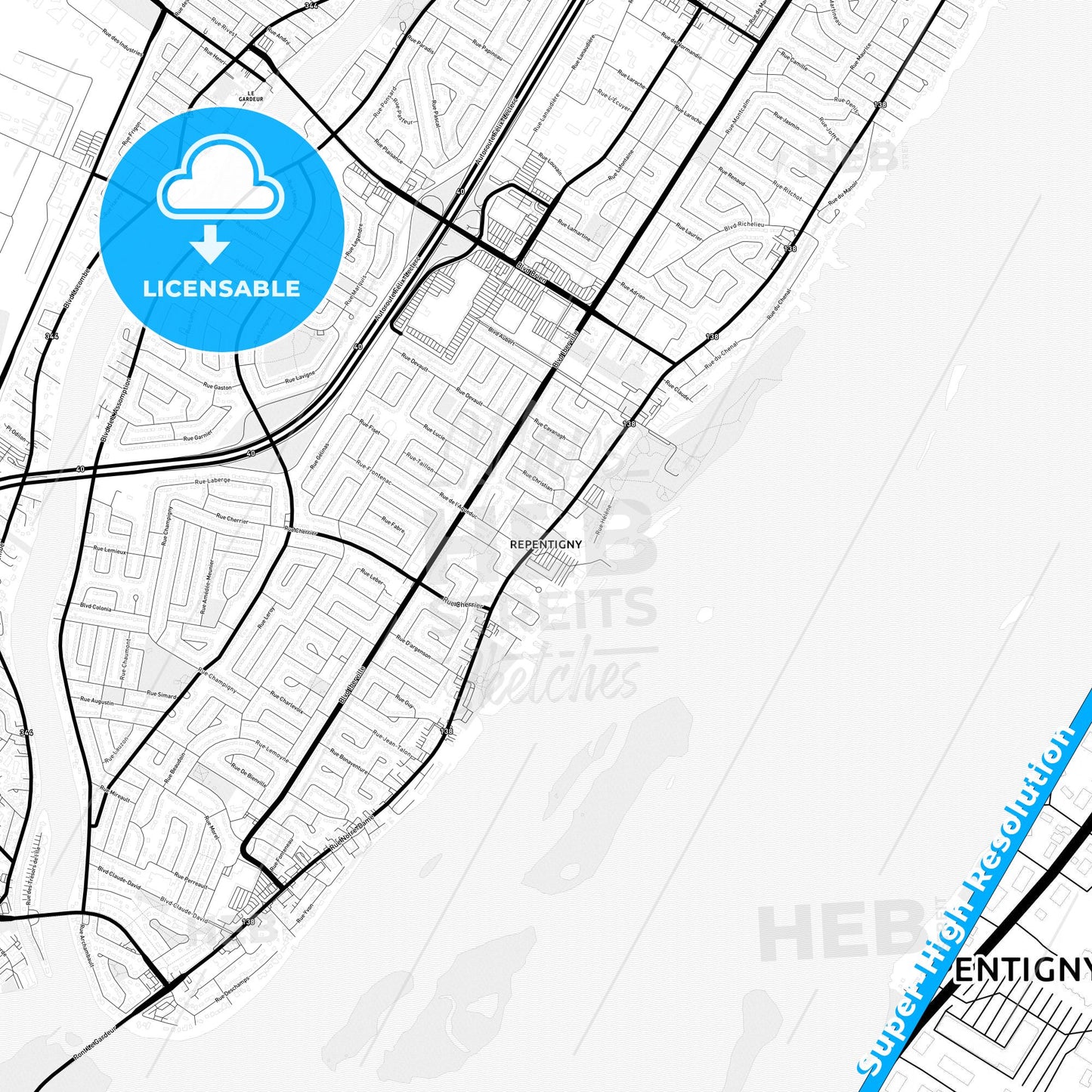 Repentigny, Canada Light Map with Street Names, City Names, and Districts