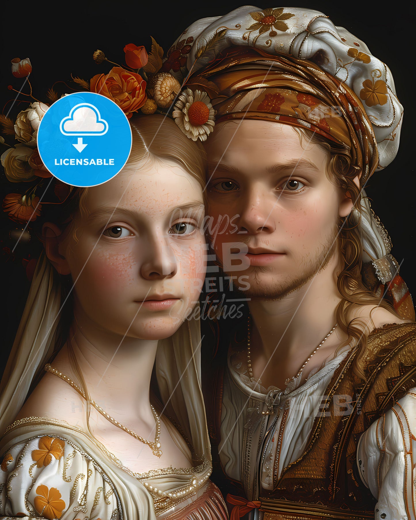 Renaissance Art, Family and Friends, Painting, Vibrant Colors, Flowers, Man, Woman