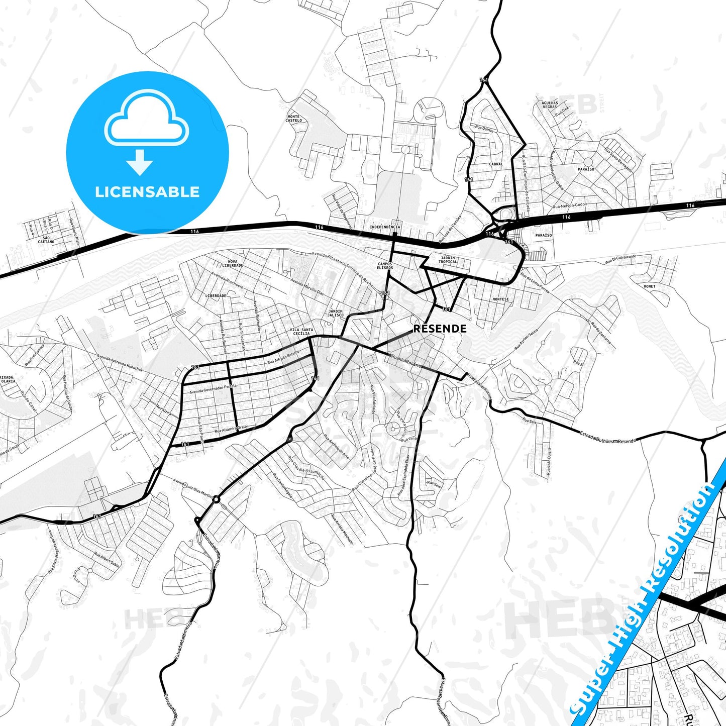 Resende, Brazil Light Map with Street Names, City Names, and Districts