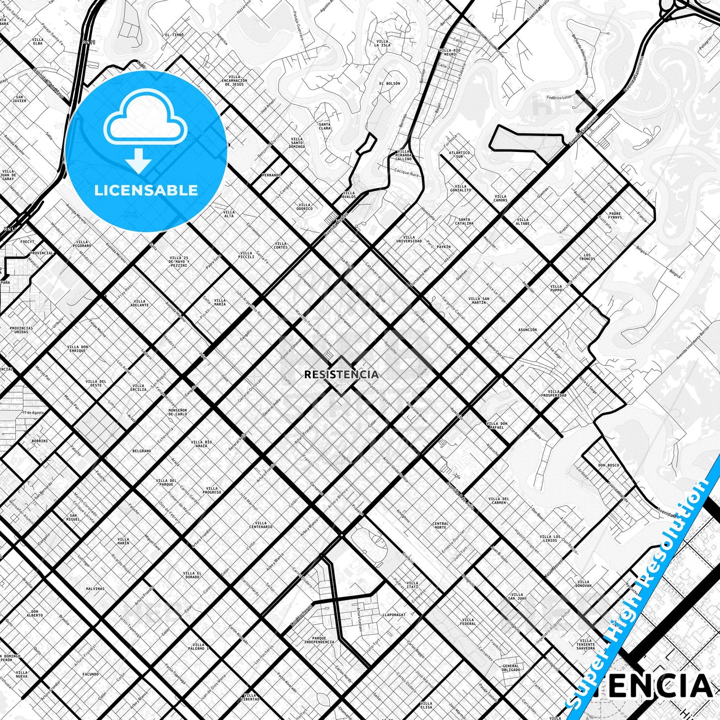 Resistencia, Argentina Light Map with Street Names, City Names, and Districts