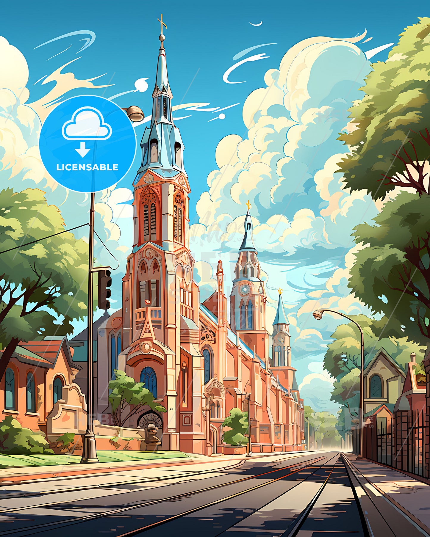 Artistic Depiction of Resistencia Argentina Skyline with Saigon Notre-Dame Cathedral