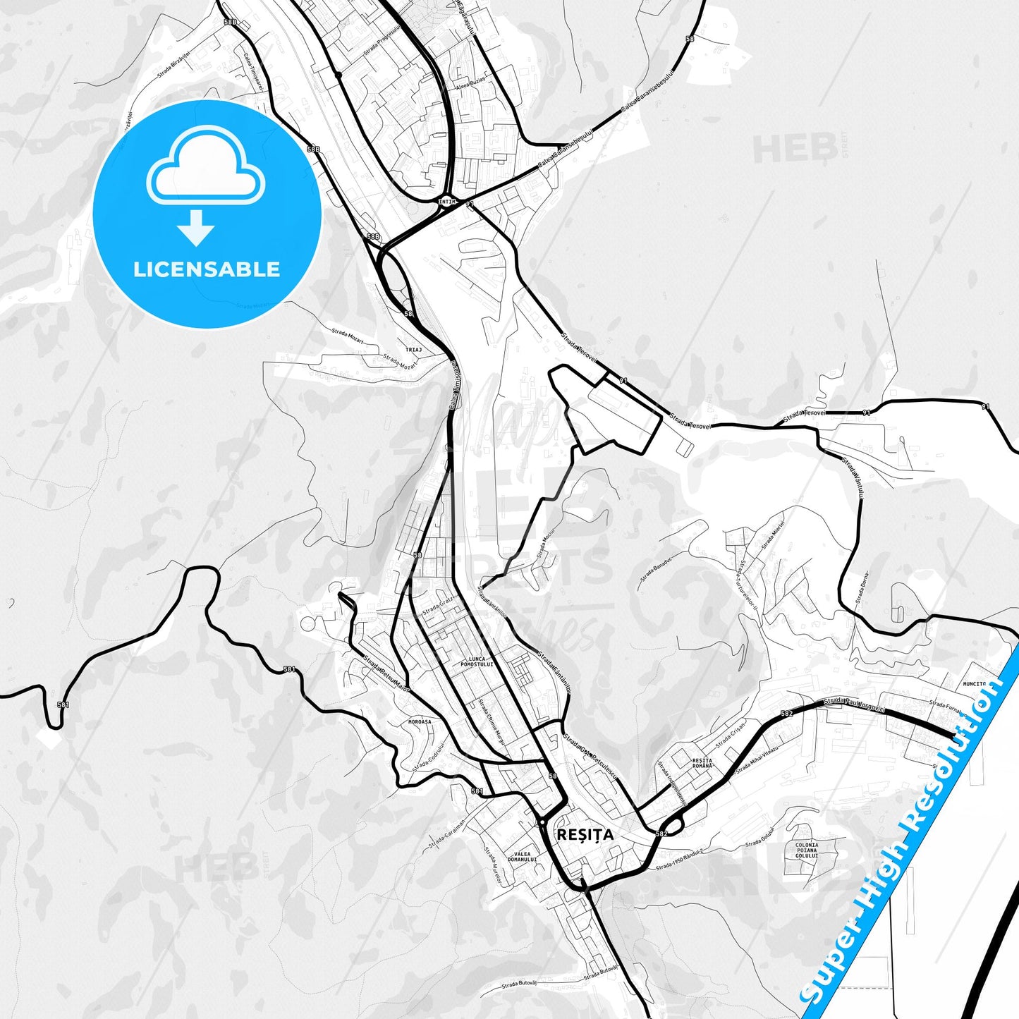Reșița, Romania Light Map with Street Names, City Names, and Districts