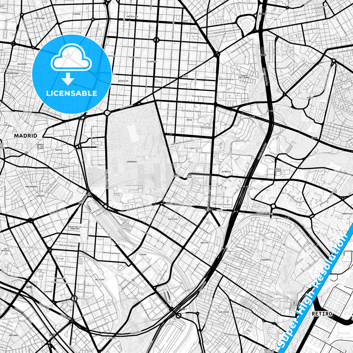 Retiro, Spain Light Map with Street Names, City Names, and Districts