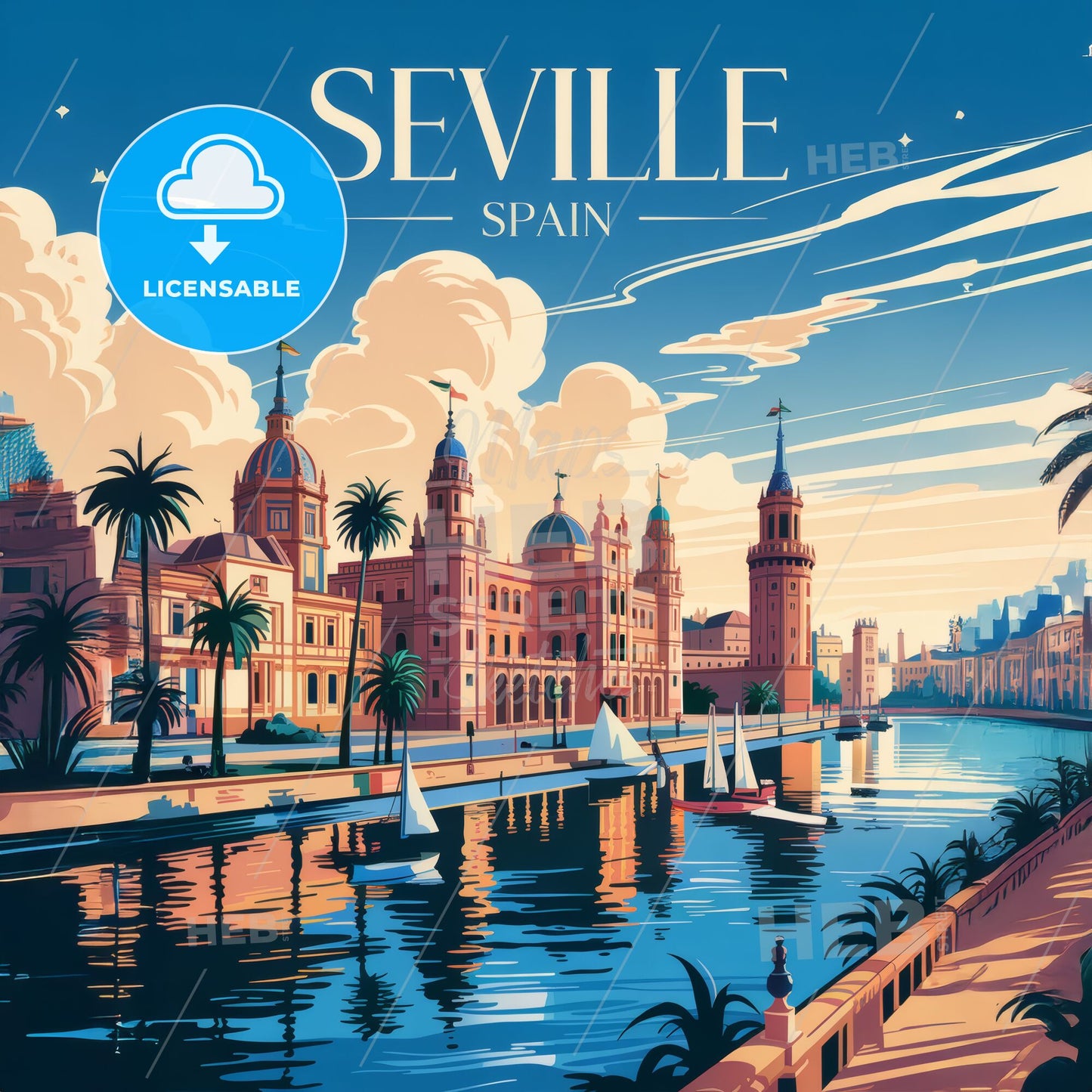 Retro Art Deco Seville Travel Poster – Elegant Waterfront View of Spain's Splendor