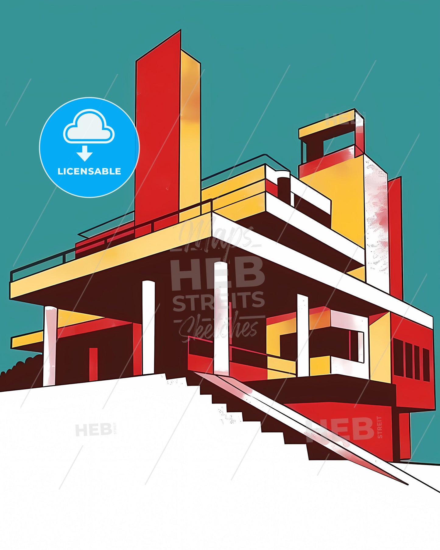 Vibrant Minimalist Abstract Bauhaus Architecture Painting Dubai Building Stairs Chimney