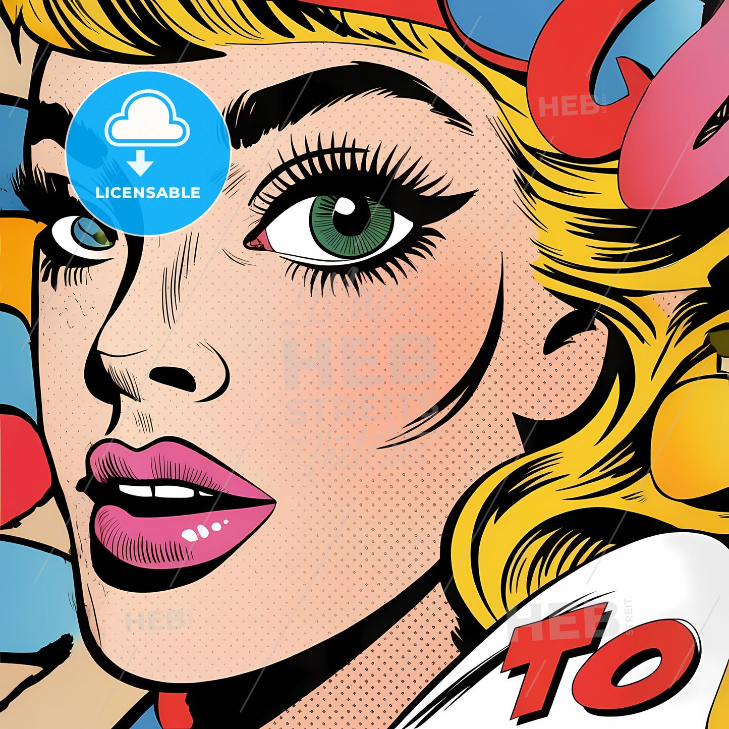 Retro Glam: Bold Pop Art Portrait of Mesmerizing Green Eye & Classic Pin-Up