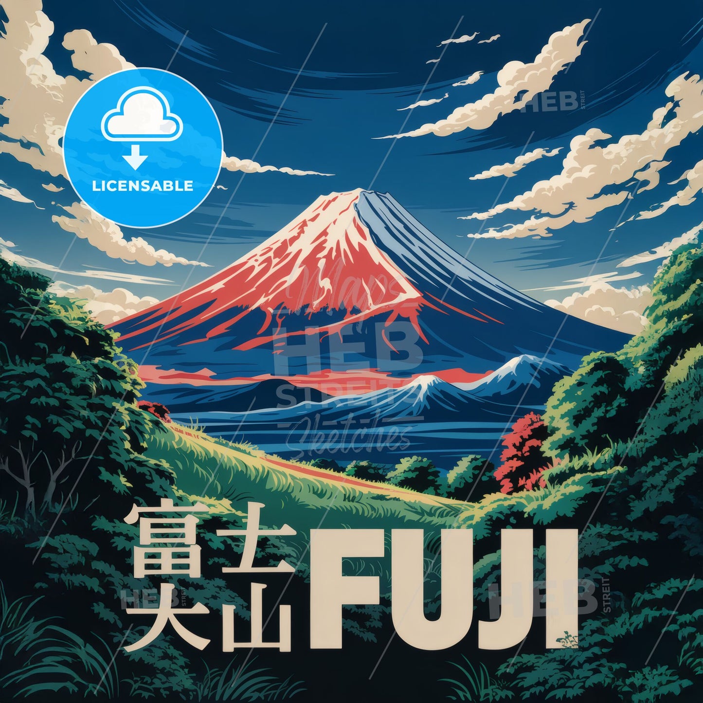 Retro Japanese Travel Art: Vibrant Mount Fuji Print in Bold Mid-Century Style
