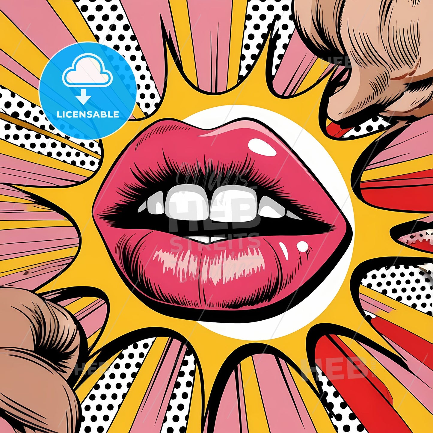 Retro Lip Pop: Glamorous Kiss in Vibrant Comic Burst